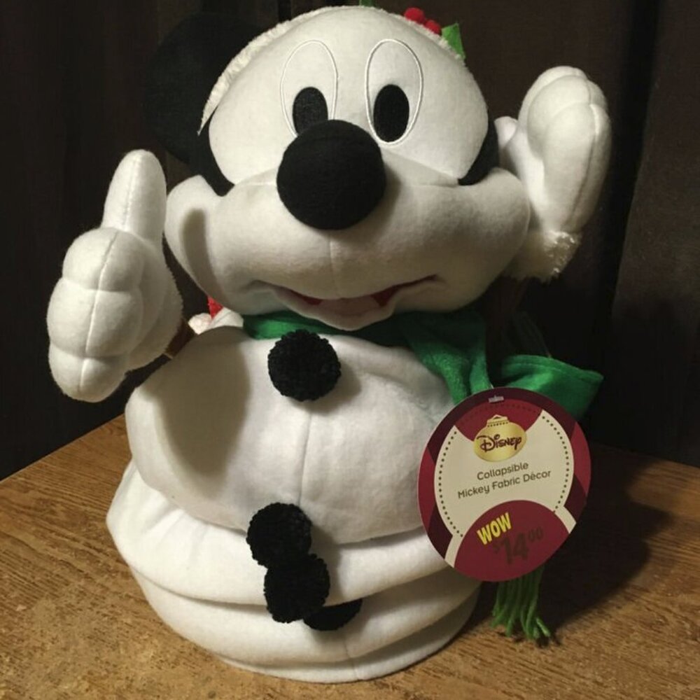 DISNEY 24” MICKEY MOUSE COLLAPSIBLE SNOWMAN FIGURE CHRISTMAS SCARF & SANTA HAT